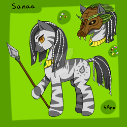 Size: 1024x1024 | Tagged: safe, artist:seishinann, oc, oc only, oc:sanaa, zebra, female, green background, hoof hold, jewelry, mask, necklace, reference sheet, signature, simple background, solo, spear, watermark, weapon, zebra oc