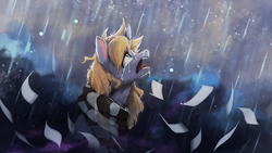 Size: 1920x1080 | Tagged: safe, artist:hierozaki, oc, oc only, oc:paperdrop, pony, unicorn, clothes, crying, male, open mouth, paper, rain, sad, scarf, solo, stallion
