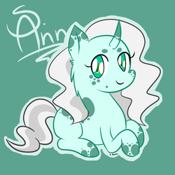 Size: 2000x2000 | Tagged: safe, artist:seishinann, oc, oc only, oc:essay, pony, unicorn, colored pupils, curved horn, ear fluff, female, green background, high res, horn, looking at you, lying down, mare, prone, signature, simple background, solo