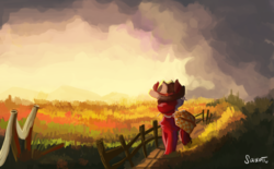 Size: 1280x792 | Tagged: safe, artist:saxopi, oc, oc only, earth pony, pony, fence, hat, scenery, solo, sunset