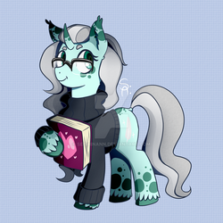 Size: 1024x1024 | Tagged: safe, artist:seishinann, oc, oc only, oc:essay, pony, unicorn, book, clothes, dock, ear fluff, female, glasses, hoof hold, mare, signature, simple background, smiling, solo, sweater, unshorn fetlocks, watermark