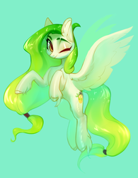 Size: 2697x3458 | Tagged: safe, artist:aphphphphp, oc, oc only, oc:lemony light, pegasus, pony, flying, high res, one eye closed, unshorn fetlocks, wink