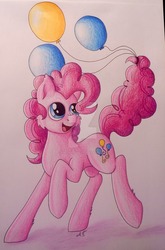 Size: 900x1365 | Tagged: safe, artist:nightmareadagio, pinkie pie, earth pony, pony, g4, balloon, female, solo, traditional art, watermark