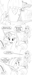 Size: 2640x6120 | Tagged: safe, artist:silfoe, princess celestia, rarity, alicorn, pony, unicorn, royal sketchbook, g4, black and white, blushing, comic, dialogue, duo, female, grayscale, magic, mare, monochrome, simple background, speech bubble, telekinesis, white background