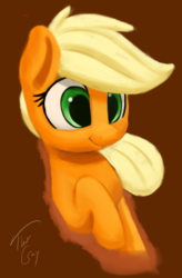 Size: 1027x1569 | Tagged: safe, artist:tg1117, applejack, earth pony, pony, g4, blonde, brown background, female, hatless, mare, missing accessory, simple background, smiling, solo