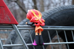 Size: 6000x4000 | Tagged: safe, artist:artofmagicpoland, sunset shimmer, equestria girls, g4, absurd resolution, climbing, clothes, curious, doll, equestria girls minis, irl, looking down, photo, shopping cart, skirt, toy