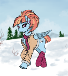 Size: 1532x1713 | Tagged: safe, artist:lightly-san, windy whistles, pegasus, pony, g4, clothes, female, looking at you, mare, scenery, sketch, smiling, snow, socks, solo, tree, winter, younger
