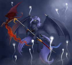 Size: 3300x3000 | Tagged: safe, artist:skitsroom, princess luna, g4, bat wings, female, flying, high res, solo, spear, warrior luna, weapon