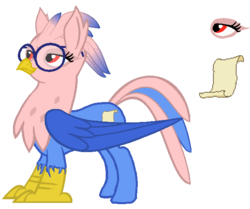 Size: 615x514 | Tagged: safe, artist:venaf, oc, oc only, oc:vivian iolani, classical hippogriff, hippogriff, cutie mark, female, glasses, red eyes, reference sheet, simple background, smiling, solo, standing, transparent background