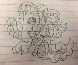 Size: 2942x2448 | Tagged: safe, artist:smurfettyblue, derpibooru exclusive, pinkie pie, earth pony, pony, g4, female, flying, g5 concept leak style, g5 concept leaks, high res, lined paper, monochrome, pegasus pinkie pie, pinkie pie (g5 concept leak), solo, spread wings, traditional art, wings