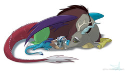 Size: 1024x576 | Tagged: safe, artist:gjkou, discord, oc, oc:heiress angelite, draconequus, hybrid, g4, cute, discute, draconequus oc, duo, father and daughter, female, interspecies offspring, lying down, male, next generation, ocbetes, offspring, parent:discord, parent:princess ember, simple background, white background