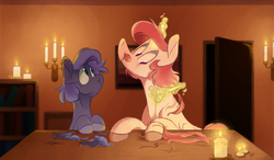 Size: 1507x878 | Tagged: safe, artist:longmuzzlepony, princess celestia, princess luna, alicorn, pony, g4, alternate hairstyle, candle, duo, haircut, pink mane, scissors, tongue out, younger