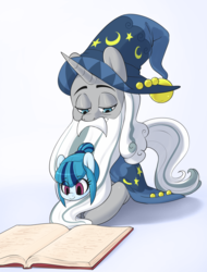 Size: 1365x1792 | Tagged: safe, artist:skecchiart, sonata dusk, star swirl the bearded, pony, g4, book, cute, daddy star swirl, duo, eye clipping through hair, female, filly, hat, hnnng, prone, reading, smiling, sonatabetes, wizard hat