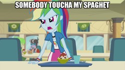 Size: 1280x720 | Tagged: safe, edit, edited screencap, screencap, rainbow dash, equestria girls, g4, my little pony equestria girls: rainbow rocks, pinkie on the one, angry, cafeteria, canteen, food, glass, image macro, meme, pasta, somebody toucha my spaghet, spaghetti