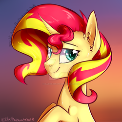 Size: 800x800 | Tagged: safe, artist:bluekazenate, sunset shimmer, pony, unicorn, g4, bust, female, portrait, smiling, solo, watermark