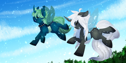 Size: 3000x1500 | Tagged: safe, artist:jacobdawz, oc, oc only, changeling, blue changeling, changeling oc, eyes closed, flying, gift art, smiling, snow, snowfall, white changeling