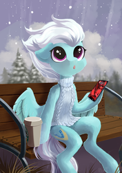 Size: 2893x4092 | Tagged: safe, artist:kebchach, fleetfoot, pegasus, pony, g4, bench, cellphone, coffee, female, looking up, mare, phone, sitting, smartphone, snow, solo, spread wings, starbucks, starry eyes, wingding eyes, wings