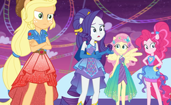 Size: 1173x720 | Tagged: safe, screencap, applejack, fluttershy, pinkie pie, rarity, equestria girls, equestria girls specials, g4, my little pony equestria girls: better together, my little pony equestria girls: rollercoaster of friendship, clothes, cowboy hat, dress, equestria land, female, freckles, gloves, hat, ponied up, pony ears, ponytail, skirt, stetson, super ponied up, wings