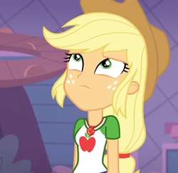 Size: 741x720 | Tagged: safe, screencap, applejack, equestria girls, equestria girls specials, g4, my little pony equestria girls: better together, my little pony equestria girls: rollercoaster of friendship, clothes, cowboy hat, cropped, female, geode of super strength, hat, looking up