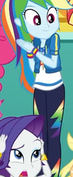 Size: 215x517 | Tagged: safe, screencap, rainbow dash, rarity, equestria girls, equestria girls specials, g4, my little pony equestria girls: better together, my little pony equestria girls: rollercoaster of friendship, clothes, cropped, cute, dashabetes, female, geode of super speed, hoodie, magical geodes, pants, photo booth (song), smiling
