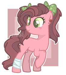 Size: 672x767 | Tagged: safe, artist:at--ease, oc, oc only, earth pony, pony, abstract background, bandage, base used, blank flank, bow, colored pupils, ear piercing, earring, female, hair bow, jewelry, mare, offspring, parent:cheese sandwich, parent:pinkie pie, parents:cheesepie, piercing, pigtails, raised hoof, simple background, solo, transparent background, twintails, watermark