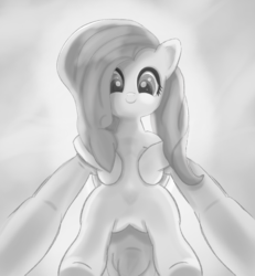 Size: 1920x2080 | Tagged: safe, artist:undisputed, fluttershy, human, pony, g4, cloud, cloudy, comfy, cute, first person view, happy, holding, holding a pony, monochrome, offscreen character, pov, shyabetes, smiling
