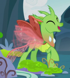 Size: 348x387 | Tagged: safe, screencap, arista, changedling, changeling, g4, to change a changeling, background changeling, buzzing wings, cropped, eyes closed, happy, open mouth, raised hoof, solo, wings