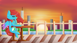 Size: 1024x576 | Tagged: safe, artist:tater, oc, oc only, oc:cyan sunshine, pegasus, pony, city, skyscraper, solo, sunset, table