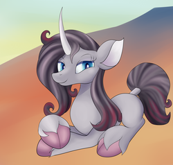 Size: 2000x1900 | Tagged: safe, artist:huffy26, oleander (tfh), classical unicorn, pony, unicorn, them's fightin' herds, cloven hooves, community related, crossed hooves, female, horn, leonine tail, smiling, solo, unshorn fetlocks