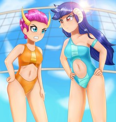 Size: 1616x1700 | Tagged: safe, artist:focusb, princess ember, smolder, human, belly button, clothes, crepuscular rays, duo, duo female, female, gritted teeth, horned humanization, humanized, navel cutout, one-piece swimsuit, stare down, swimsuit, volleyball net