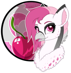 Size: 2468x2522 | Tagged: safe, artist:mynder, oc, oc only, oc:cherry feather, classical hippogriff, hippogriff, bust, cherry, chest fluff, female, fluffy, food, high res, hippogriff oc, simple background, transparent background