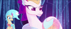 Size: 600x253 | Tagged: safe, screencap, princess skystar, queen novo, seapony (g4), my little pony: the movie, angry, animated, female, furious, gif, looking at someone, magic, mother and daughter, narrowed eyes, queen novo is not amused, queen novo's orb, sin of wrath, talking, transforming, underwater, worried, you don't deserve to be one of us