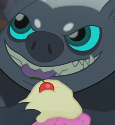 Size: 663x725 | Tagged: safe, screencap, grubber, g4, my little pony: the movie, cropped, cupcake, food, male, solo, tongue out