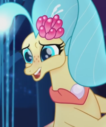 Size: 530x635 | Tagged: safe, screencap, princess skystar, seapony (g4), g4, my little pony: the movie, bioluminescent, blue eyes, blushing, bubble, coral, cropped, cute, dorsal fin, female, fin, fin wings, fins, floppy ears, flower, flower in hair, flowing mane, freckles, glowing, happy, jewelry, necklace, ocean, open mouth, open smile, pearl necklace, seaquestria, seashell, seaweed, skyabetes, smiling, solo, swimming, tail, teeth, underwater, water, wings
