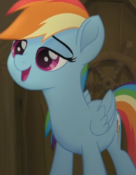 Size: 375x482 | Tagged: safe, screencap, rainbow dash, pegasus, pony, g4, my little pony: the movie, cropped, cute, dashabetes, female, lidded eyes, mare, open mouth, smiling, solo