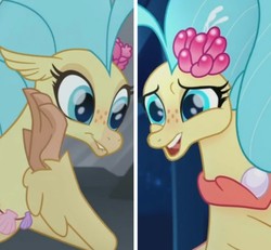 Size: 1209x1119 | Tagged: safe, screencap, princess skystar, hippogriff, seapony (g4), g4, my little pony: the movie, bioluminescent, blue eyes, blushing, bubble, coral, cropped, cute, dorsal fin, duality, female, fin, fin wings, fins, floppy ears, flower, flower in hair, flowing mane, freckles, glowing, happy, jewelry, necklace, ocean, open mouth, open smile, pearl necklace, seaquestria, seashell, seaweed, self ponidox, skyabetes, smiling, solo, swimming, tail, underwater, water, wings