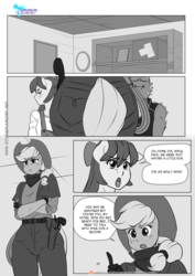 Size: 1200x1697 | Tagged: safe, artist:pia-sama, apple bloom, applejack, spike, dragon, earth pony, anthro, comic:rogue diamond, g4, adult, adult spike, breasts, busty apple bloom, clothes, comic, cowboy hat, female, hat, mare, monochrome, older, older apple bloom, older spike, stetson, this did not end in pain and/or death