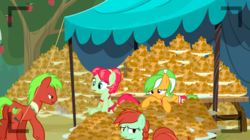 Size: 1440x806 | Tagged: safe, screencap, apple cinnamon, apple dumpling, apple leaves, candy apples, earth pony, pony, apple family reunion, g4, apple family member, apple fritter (food), background pony, exhausted, female, food, male, mare, stallion