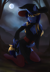 Size: 1440x2050 | Tagged: safe, artist:serodart, oc, oc only, unicorn, anthro, anthro oc, clothes, halloween, halloween costume, hat, holiday, moon, night, socks, solo, tree, witch, witch hat, ych result