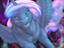Size: 1280x960 | Tagged: safe, artist:p.e.h.o., princess luna, pony, g4, abstract background, close-up, female, flying, lidded eyes, smiling, solo