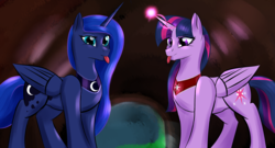 Size: 3840x2077 | Tagged: safe, artist:renarde-louve, princess luna, twilight sparkle, alicorn, pony, g4, :p, description is relevant, female, glowing horn, high res, horn, lesbian, peytral, ship:twiluna, shipping, silly, tongue out, twilight sparkle (alicorn)