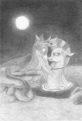 Size: 2388x3504 | Tagged: safe, artist:a humble water filter salesman, gallus, silverstream, griffon, seapony (g4), g4, beach, female, high res, looking at each other, male, monochrome, moon, night, ship:gallstream, shipping, straight, traditional art