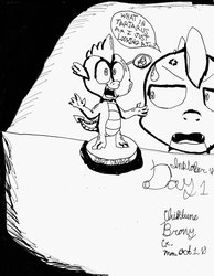 Size: 1024x1320 | Tagged: safe, artist:chiptunebrony, spike, fallout equestria, g4, annoyed, bobblehead, chair, faic, fallout, fallout 4, funny, idiot savant, inktober, inktober 2018, monochrome, reference, speech bubble, sweat, sweatdrop, text, vein, vein bulge