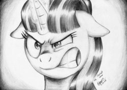 Size: 2330x1652 | Tagged: safe, artist:3500joel, starlight glimmer, pony, unicorn, g4, angry, bust, ears back, female, grayscale, monochrome, portrait, ragelight glimmer, solo, traditional art