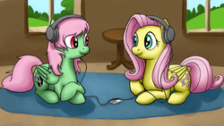 Size: 3840x2160 | Tagged: safe, artist:bill-the-pony, fluttershy, oc, oc:cadance, pony, g4, female, headphones, high res, mare, prone