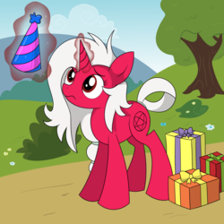 Size: 2048x2048 | Tagged: safe, artist:reconprobe, oc, oc only, oc:zyklon, pony, unicorn, 4chan, birthday, hat, high res, party hat, present, solo, tree