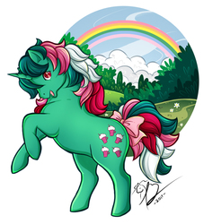 Size: 700x710 | Tagged: safe, artist:rapidashtrainer, fizzy, pony, twinkle eyed pony, unicorn, g1, bow, rainbow, rearing, tail bow