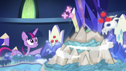 Size: 1280x720 | Tagged: safe, screencap, twilight sparkle, alicorn, pony, g4, sounds of silence, cutie map, female, friendship throne, mare, peaks of peril, solo, twilight sparkle (alicorn)
