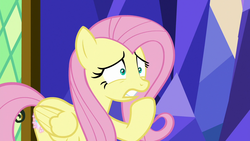Size: 1280x720 | Tagged: safe, screencap, fluttershy, pegasus, pony, g4, sounds of silence, female, mare, raised hoof, shrunken pupils, solo