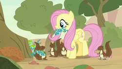 Size: 1920x1080 | Tagged: safe, screencap, fluttershy, pegasus, pony, squirrel, g4, sounds of silence, discovery family logo, female, flower, foal's breath, mare, mouth hold